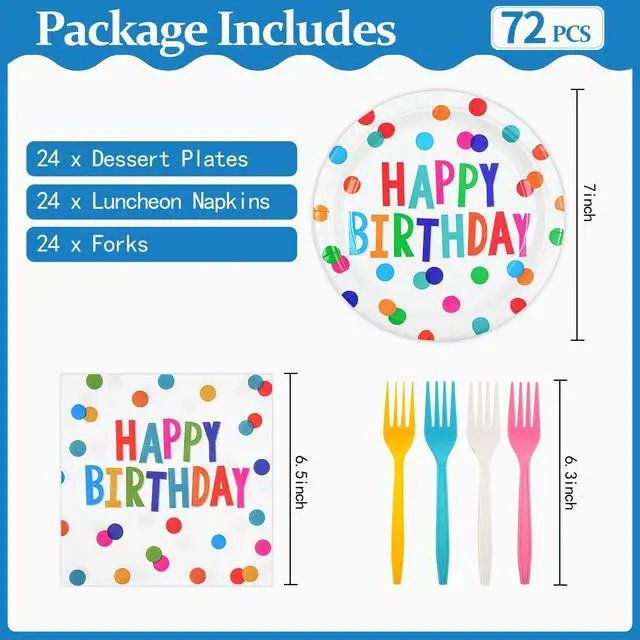 Alt view image 3 of 7 - 72PCS Happy Birthday Paper Plates and Napkins, Colorful Dot