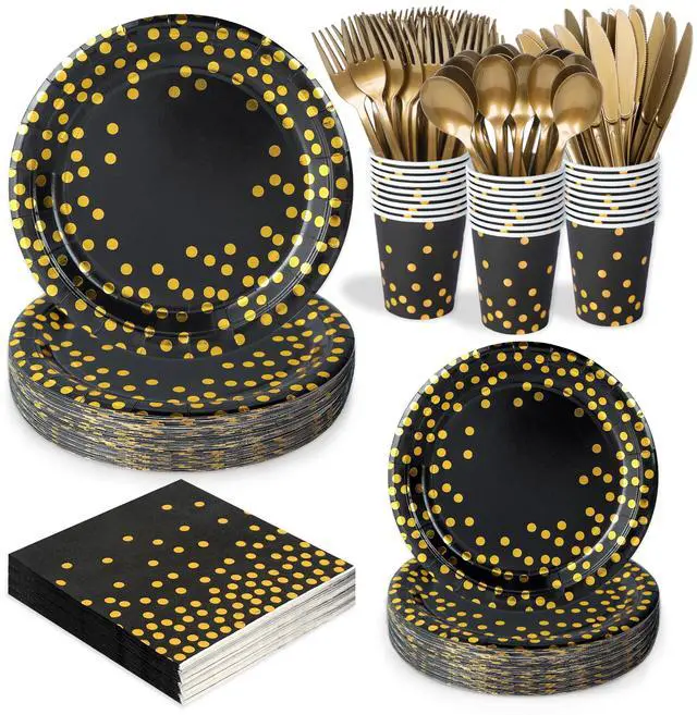 Main image of 175 Pcs Black and Gold Paper Plates Party Supplies, Serves 25 Black Gold Dot Disposable Dinner Tableware Set Plates Napkins Cups Gold Plastic Forks Spoons Knives Party for Birthday Wedding Graduation