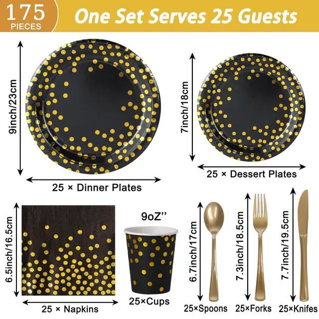 Alt view image 2 of 7 - 175 Pcs Black and Gold Paper Plates Party Supplies, Serves 25 Black Gold Dot Disposable Dinner Tableware Set Plates Napkins Cups Gold Plastic Forks Spoons Knives Party for Birthday Wedding Graduation