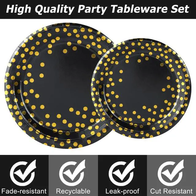 Alt view image 3 of 7 - 175 Pcs Black and Gold Paper Plates Party Supplies, Serves 25 Black Gold Dot Disposable Dinner Tableware Set Plates Napkins Cups Gold Plastic Forks Spoons Knives Party for Birthday Wedding Graduation