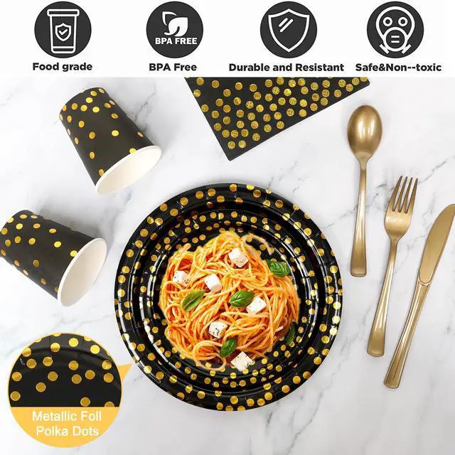 Alt view image 4 of 7 - 175 Pcs Black and Gold Paper Plates Party Supplies, Serves 25 Black Gold Dot Disposable Dinner Tableware Set Plates Napkins Cups Gold Plastic Forks Spoons Knives Party for Birthday Wedding Graduation