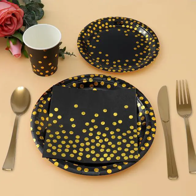Alt view image 5 of 7 - 175 Pcs Black and Gold Paper Plates Party Supplies, Serves 25 Black Gold Dot Disposable Dinner Tableware Set Plates Napkins Cups Gold Plastic Forks Spoons Knives Party for Birthday Wedding Graduation