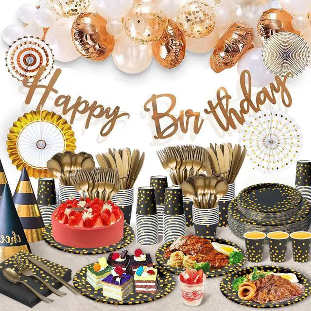 Alt view image 6 of 7 - 175 Pcs Black and Gold Paper Plates Party Supplies, Serves 25 Black Gold Dot Disposable Dinner Tableware Set Plates Napkins Cups Gold Plastic Forks Spoons Knives Party for Birthday Wedding Graduation