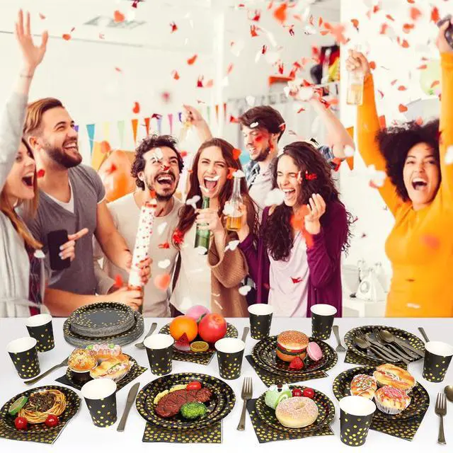 Alt view image 7 of 7 - 175 Pcs Black and Gold Paper Plates Party Supplies, Serves 25 Black Gold Dot Disposable Dinner Tableware Set Plates Napkins Cups Gold Plastic Forks Spoons Knives Party for Birthday Wedding Graduation