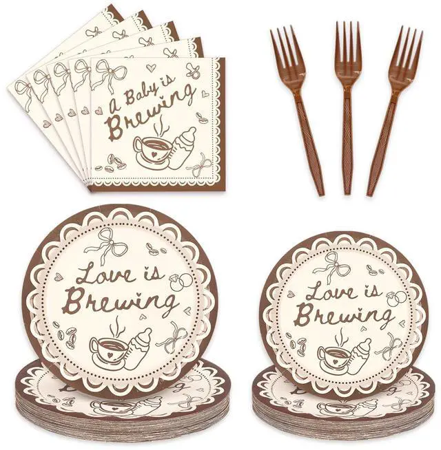 Main image of 96 Pcs A Baby is Brewing Party Supplies Kit Love Is Brewing Baby Shower Tableware Set Disposable Dinnerware Paper Napkin Plate Fork for 24 Guest Party Dinnerware Decor
