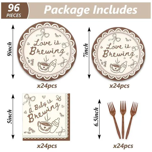 Alt view image 2 of 7 - 96 Pcs A Baby is Brewing Party Supplies Kit Love Is Brewing Baby Shower Tableware Set Disposable Dinnerware Paper Napkin Plate Fork for 24 Guest Party Dinnerware Decor