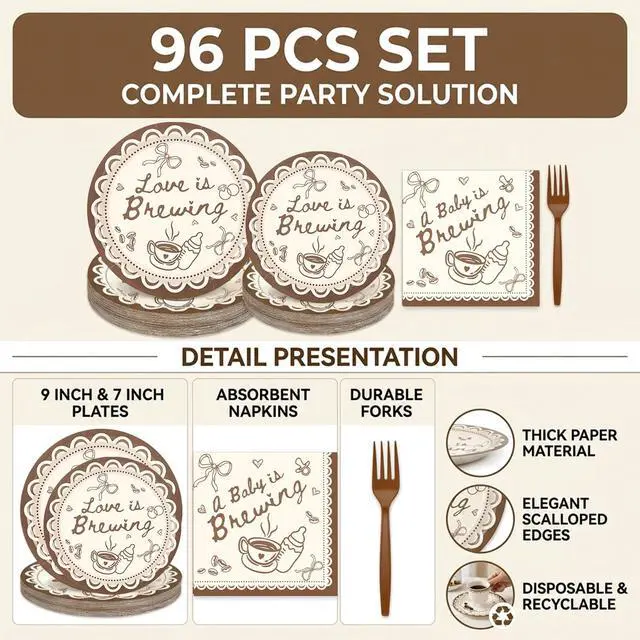 Alt view image 3 of 7 - 96 Pcs A Baby is Brewing Party Supplies Kit Love Is Brewing Baby Shower Tableware Set Disposable Dinnerware Paper Napkin Plate Fork for 24 Guest Party Dinnerware Decor