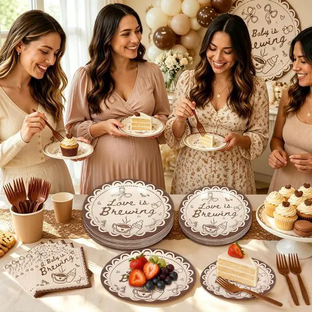 Alt view image 5 of 7 - 96 Pcs A Baby is Brewing Party Supplies Kit Love Is Brewing Baby Shower Tableware Set Disposable Dinnerware Paper Napkin Plate Fork for 24 Guest Party Dinnerware Decor