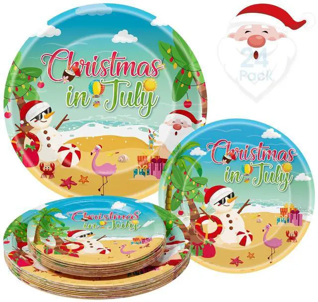 Main image of 24 Pcs Christmas in July Plates Set - Blue Summer Themed Paper Plate, Disposable Xmas Round Dinner Dessert Plates Tableware for Christmas in July Party Supplies Favors Table Decorations