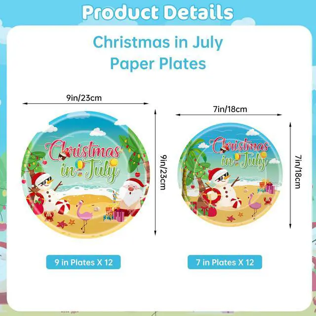 Alt view image 3 of 7 - 24 Pcs Christmas in July Plates Set - Blue Summer Themed Paper Plate, Disposable Xmas Round Dinner Dessert Plates Tableware for Christmas in July Party Supplies Favors Table Decorations