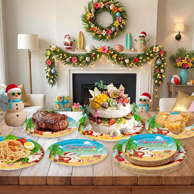 Alt view image 2 of 7 - 24 Pcs Christmas in July Plates Set - Blue Summer Themed Paper Plate, Disposable Xmas Round Dinner Dessert Plates Tableware for Christmas in July Party Supplies Favors Table Decorations