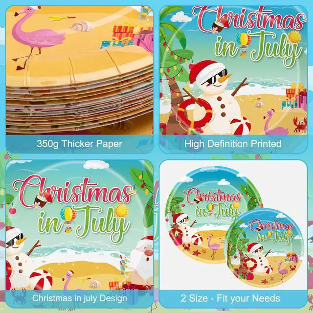 Alt view image 4 of 7 - 24 Pcs Christmas in July Plates Set - Blue Summer Themed Paper Plate, Disposable Xmas Round Dinner Dessert Plates Tableware for Christmas in July Party Supplies Favors Table Decorations