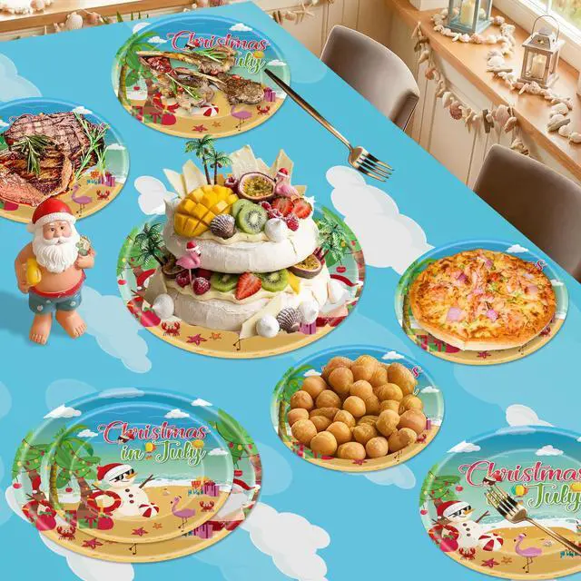 Alt view image 5 of 7 - 24 Pcs Christmas in July Plates Set - Blue Summer Themed Paper Plate, Disposable Xmas Round Dinner Dessert Plates Tableware for Christmas in July Party Supplies Favors Table Decorations