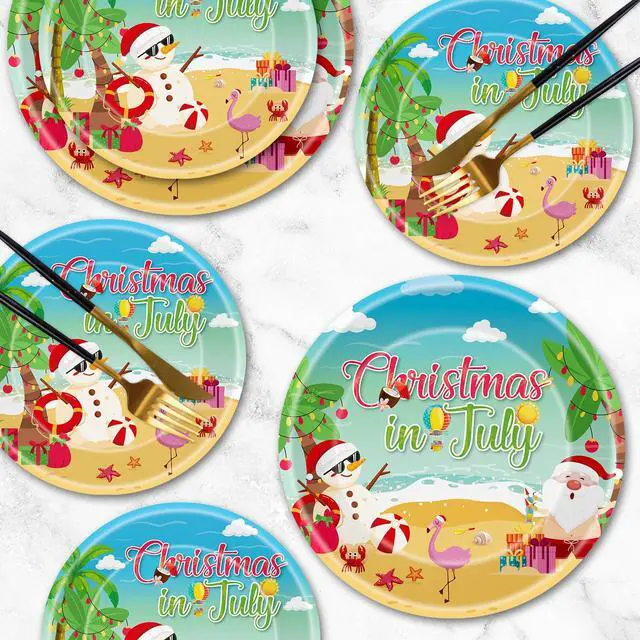 Alt view image 7 of 7 - 24 Pcs Christmas in July Plates Set - Blue Summer Themed Paper Plate, Disposable Xmas Round Dinner Dessert Plates Tableware for Christmas in July Party Supplies Favors Table Decorations