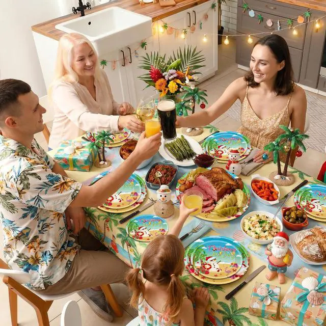 Alt view image 6 of 7 - 24 Pcs Christmas in July Plates Set - Blue Summer Themed Paper Plate, Disposable Xmas Round Dinner Dessert Plates Tableware for Christmas in July Party Supplies Favors Table Decorations
