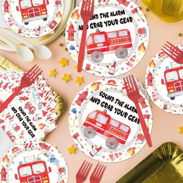 Alt view image 2 of 7 - Firetruck Birthday Party Decorations - 96PCS Fire Truck Plates and Napkins Party Supplies Firefighter Birthday Decorations Fireman Themed Disposable Tableware Set Serve 24 Guests