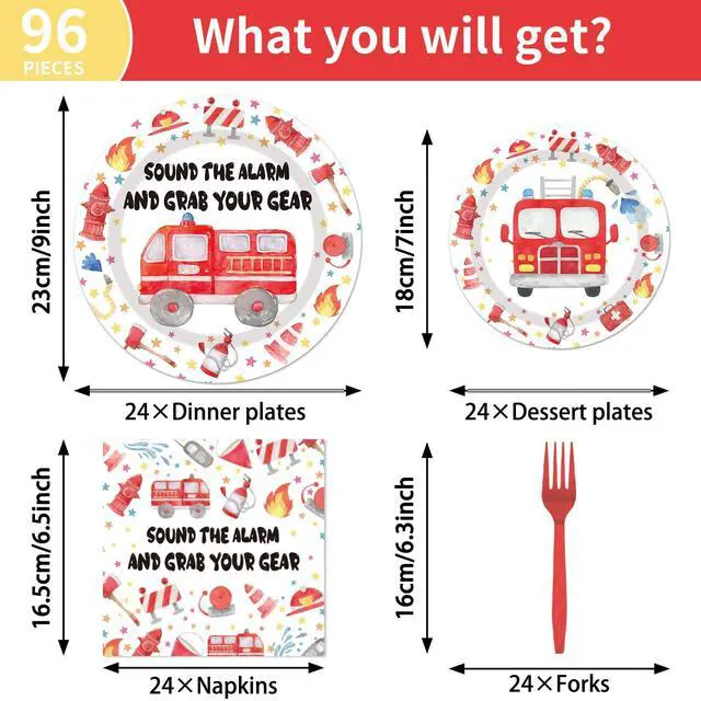 Alt view image 3 of 7 - Firetruck Birthday Party Decorations - 96PCS Fire Truck Plates and Napkins Party Supplies Firefighter Birthday Decorations Fireman Themed Disposable Tableware Set Serve 24 Guests