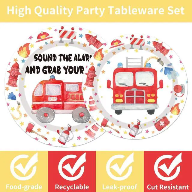 Alt view image 4 of 7 - Firetruck Birthday Party Decorations - 96PCS Fire Truck Plates and Napkins Party Supplies Firefighter Birthday Decorations Fireman Themed Disposable Tableware Set Serve 24 Guests