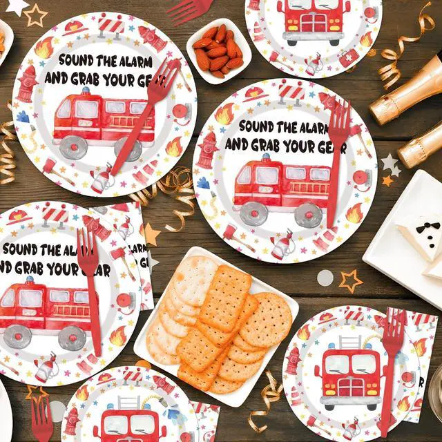 Alt view image 6 of 7 - Firetruck Birthday Party Decorations - 96PCS Fire Truck Plates and Napkins Party Supplies Firefighter Birthday Decorations Fireman Themed Disposable Tableware Set Serve 24 Guests