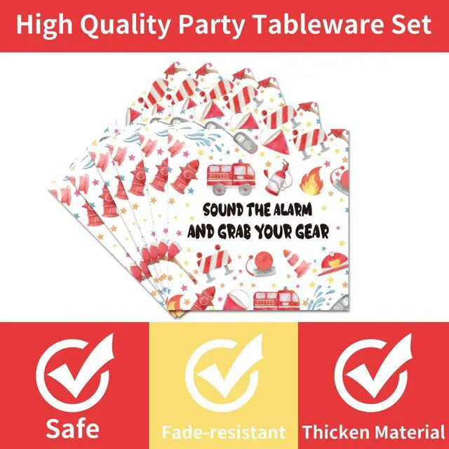 Alt view image 5 of 7 - Firetruck Birthday Party Decorations - 96PCS Fire Truck Plates and Napkins Party Supplies Firefighter Birthday Decorations Fireman Themed Disposable Tableware Set Serve 24 Guests