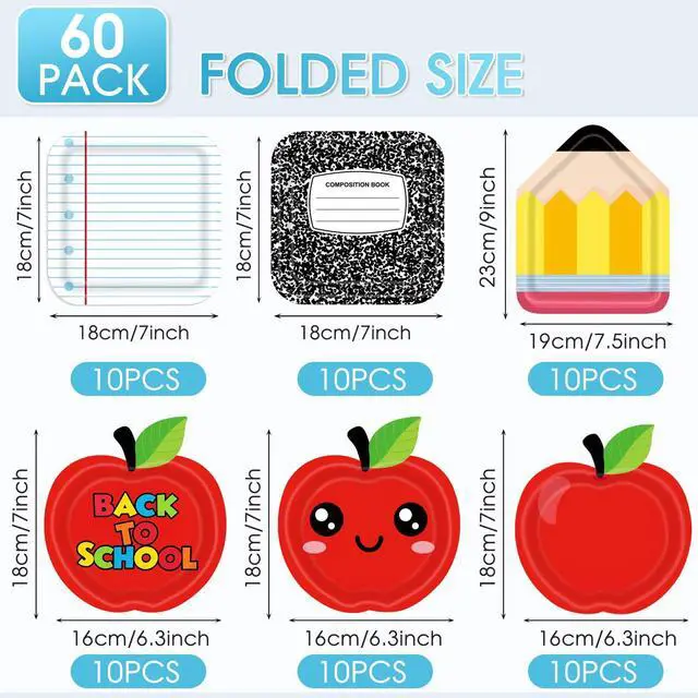 Alt view image 2 of 6 - 60PCS Back to School Party Paper Plates for Kids First Day of School Season Party Decor Disposable Paper Apple Notebook Theme Plates Tableware Decor for Kids Birthday Graduation Gathering Supplies