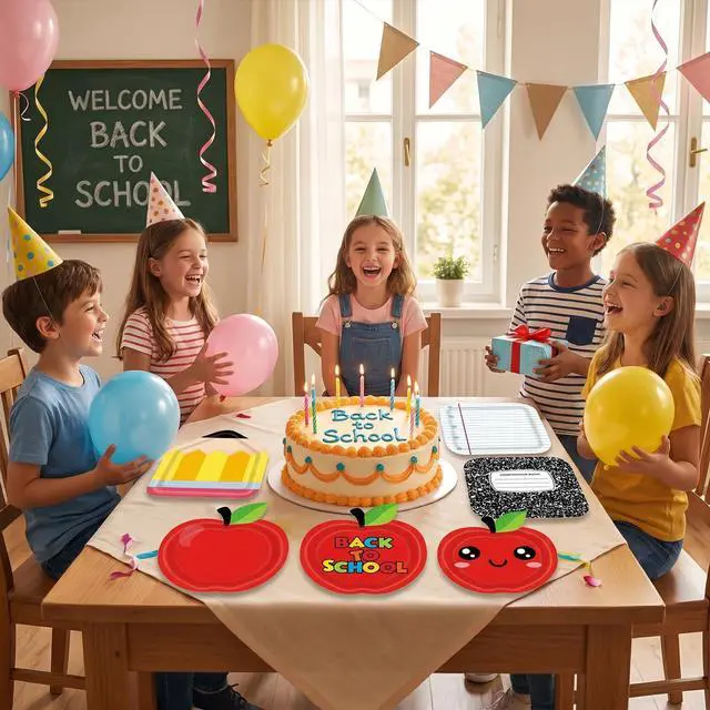 Alt view image 5 of 6 - 60PCS Back to School Party Paper Plates for Kids First Day of School Season Party Decor Disposable Paper Apple Notebook Theme Plates Tableware Decor for Kids Birthday Graduation Gathering Supplies