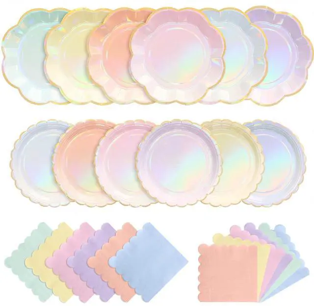 Main image of 72 Pcs 24 Guests Iridescent Pastel Party Plates and Napkins Rainbow Scalloped Paper Plates Napkins Disposable Tableware for Summer Camping Bridal Shower Wedding Birthday Party Supplies