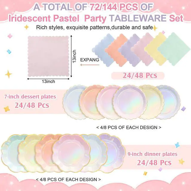 Alt view image 2 of 6 - 72 Pcs 24 Guests Iridescent Pastel Party Plates and Napkins Rainbow Scalloped Paper Plates Napkins Disposable Tableware for Summer Camping Bridal Shower Wedding Birthday Party Supplies