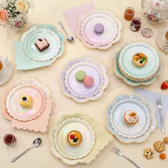 Alt view image 3 of 6 - 72 Pcs 24 Guests Iridescent Pastel Party Plates and Napkins Rainbow Scalloped Paper Plates Napkins Disposable Tableware for Summer Camping Bridal Shower Wedding Birthday Party Supplies