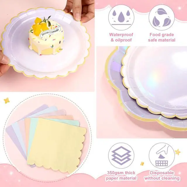 Alt view image 4 of 6 - 72 Pcs 24 Guests Iridescent Pastel Party Plates and Napkins Rainbow Scalloped Paper Plates Napkins Disposable Tableware for Summer Camping Bridal Shower Wedding Birthday Party Supplies