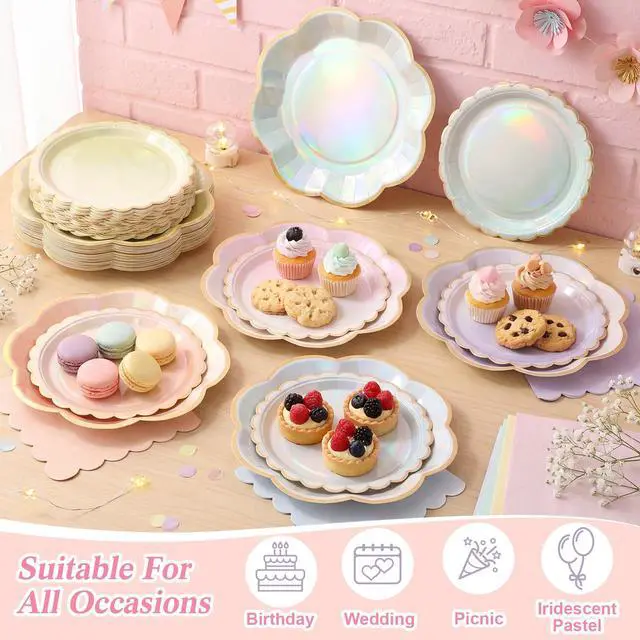 Alt view image 5 of 6 - 72 Pcs 24 Guests Iridescent Pastel Party Plates and Napkins Rainbow Scalloped Paper Plates Napkins Disposable Tableware for Summer Camping Bridal Shower Wedding Birthday Party Supplies
