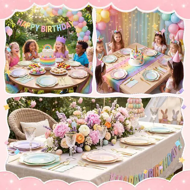 Alt view image 6 of 6 - 72 Pcs 24 Guests Iridescent Pastel Party Plates and Napkins Rainbow Scalloped Paper Plates Napkins Disposable Tableware for Summer Camping Bridal Shower Wedding Birthday Party Supplies