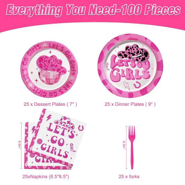 Alt view image 2 of 7 - 100 Pcs Disposable Let's Go Girls Party Tableware Set for 25 Guests
