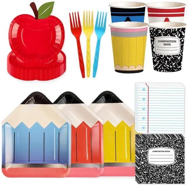 Main image of 120 PCS Back to School Party Supplies, School Paper Plates and Napkins Set for 24 Guests, Pencil Shaped Plates, Composition Book & Notebook Napkins, 9 oz Cups, Forks, Classroom First Day of School