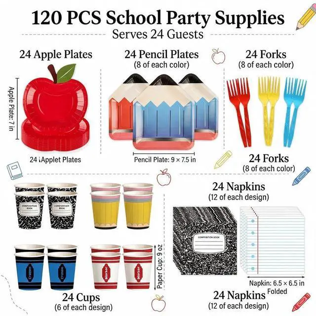 Alt view image 2 of 7 - 120 PCS Back to School Party Supplies, School Paper Plates and Napkins Set for 24 Guests, Pencil Shaped Plates, Composition Book & Notebook Napkins, 9 oz Cups, Forks, Classroom First Day of School