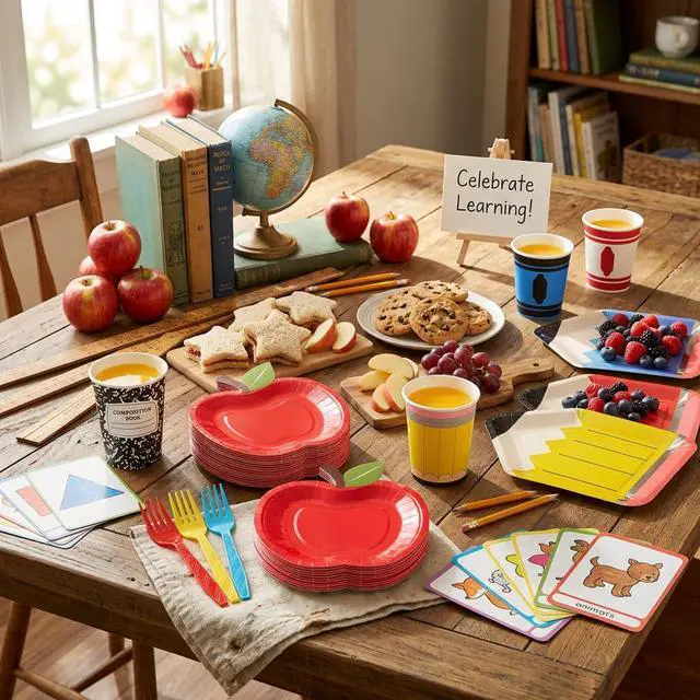 Alt view image 4 of 7 - 120 PCS Back to School Party Supplies, School Paper Plates and Napkins Set for 24 Guests, Pencil Shaped Plates, Composition Book & Notebook Napkins, 9 oz Cups, Forks, Classroom First Day of School