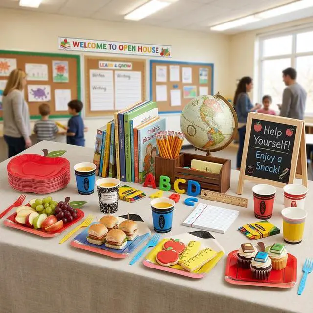 Alt view image 6 of 7 - 120 PCS Back to School Party Supplies, School Paper Plates and Napkins Set for 24 Guests, Pencil Shaped Plates, Composition Book & Notebook Napkins, 9 oz Cups, Forks, Classroom First Day of School