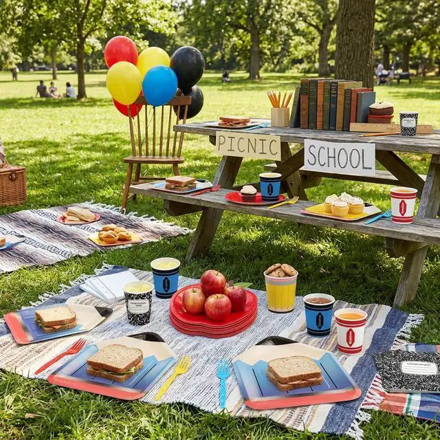 Alt view image 7 of 7 - 120 PCS Back to School Party Supplies, School Paper Plates and Napkins Set for 24 Guests, Pencil Shaped Plates, Composition Book & Notebook Napkins, 9 oz Cups, Forks, Classroom First Day of School