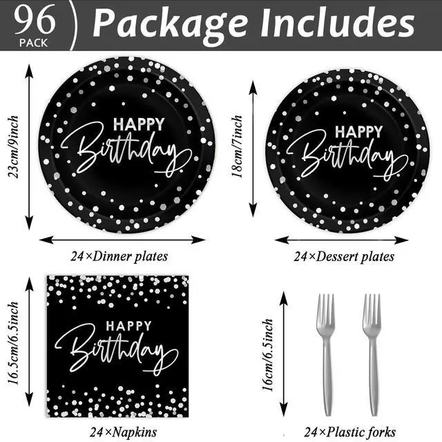 Alt view image 2 of 7 - 96PCS Black Silver Birthday Paper Plates and Napkins Party Supplies Happy Birthday Party Decorations Disposable Birthday Party Tableware Dinnerware Set for Women Men Birthday Serves 24 Guests