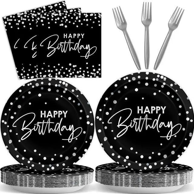 Main image of 96PCS Black Silver Birthday Paper Plates and Napkins Party Supplies Happy Birthday Party Decorations Disposable Birthday Party Tableware Dinnerware Set for Women Men Birthday Serves 24 Guests