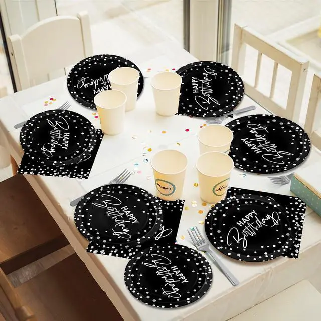Alt view image 5 of 7 - 96PCS Black Silver Birthday Paper Plates and Napkins Party Supplies Happy Birthday Party Decorations Disposable Birthday Party Tableware Dinnerware Set for Women Men Birthday Serves 24 Guests