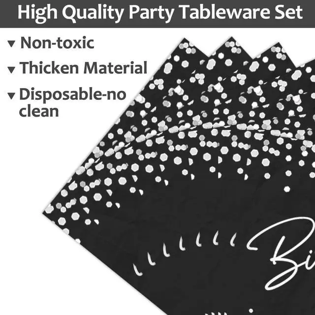 Alt view image 4 of 7 - 96PCS Black Silver Birthday Paper Plates and Napkins Party Supplies Happy Birthday Party Decorations Disposable Birthday Party Tableware Dinnerware Set for Women Men Birthday Serves 24 Guests