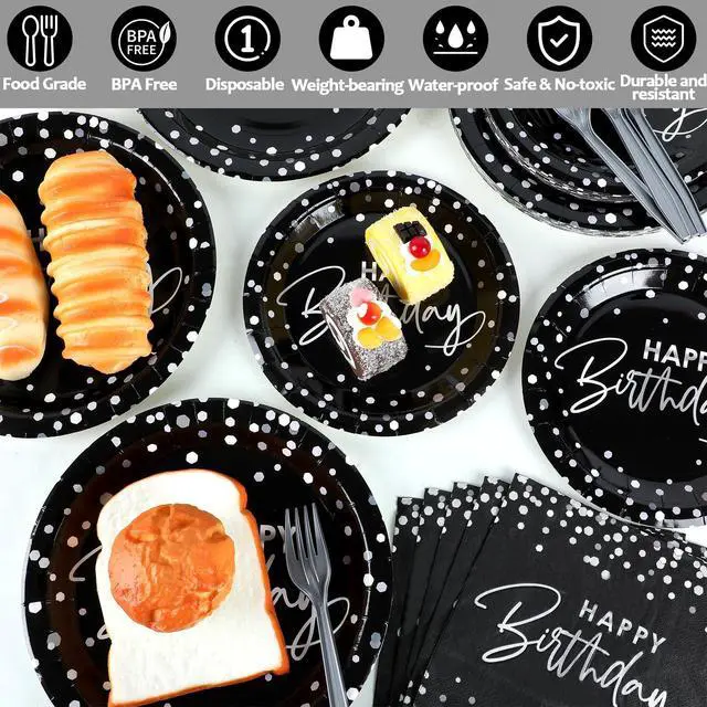 Alt view image 3 of 7 - 96PCS Black Silver Birthday Paper Plates and Napkins Party Supplies Happy Birthday Party Decorations Disposable Birthday Party Tableware Dinnerware Set for Women Men Birthday Serves 24 Guests