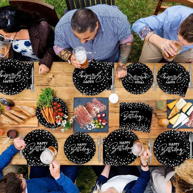 Alt view image 7 of 7 - 96PCS Black Silver Birthday Paper Plates and Napkins Party Supplies Happy Birthday Party Decorations Disposable Birthday Party Tableware Dinnerware Set for Women Men Birthday Serves 24 Guests
