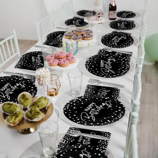 Alt view image 6 of 7 - 96PCS Black Silver Birthday Paper Plates and Napkins Party Supplies Happy Birthday Party Decorations Disposable Birthday Party Tableware Dinnerware Set for Women Men Birthday Serves 24 Guests