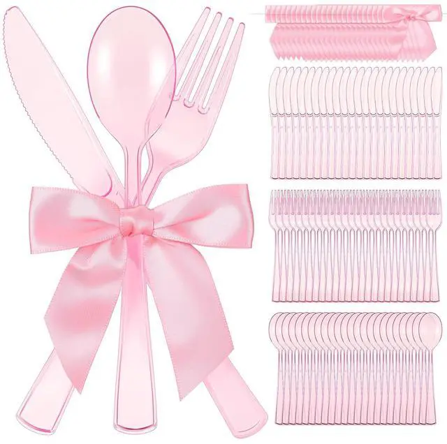 Main image of 25 Sets Pink Plastic Cutlery Set with Twist Tie Bows, Heavy Duty Tableware Disposable Pink Forks Knives and Spoons Silverware Utensils Set for Coquette Birthday Party Table Setting Picnics