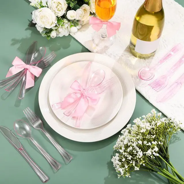 Alt view image 2 of 7 - 25 Sets Pink Plastic Cutlery Set with Twist Tie Bows, Heavy Duty Tableware Disposable Pink Forks Knives and Spoons Silverware Utensils Set for Coquette Birthday Party Table Setting Picnics