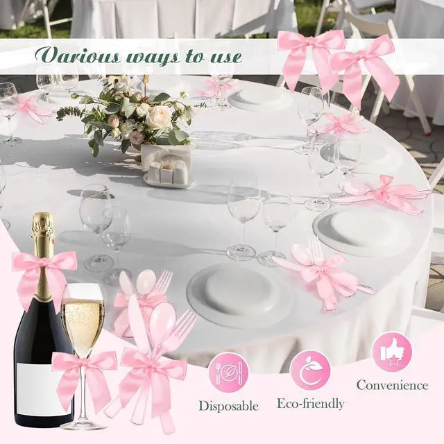 Alt view image 5 of 7 - 25 Sets Pink Plastic Cutlery Set with Twist Tie Bows, Heavy Duty Tableware Disposable Pink Forks Knives and Spoons Silverware Utensils Set for Coquette Birthday Party Table Setting Picnics