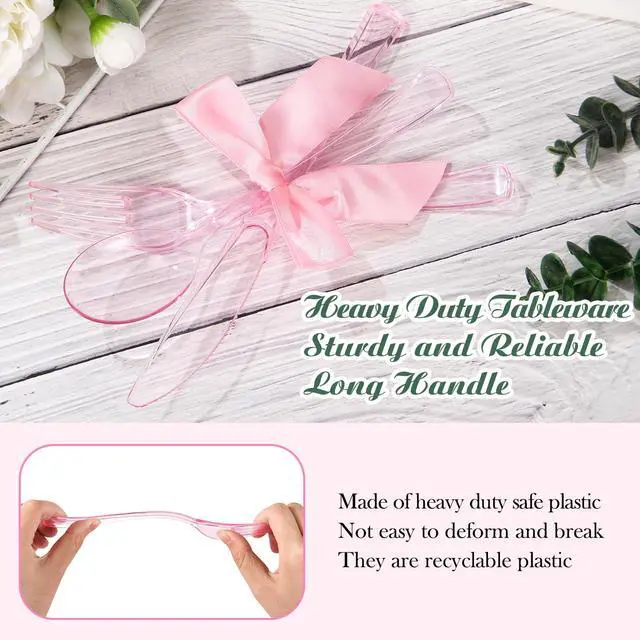 Alt view image 3 of 7 - 25 Sets Pink Plastic Cutlery Set with Twist Tie Bows, Heavy Duty Tableware Disposable Pink Forks Knives and Spoons Silverware Utensils Set for Coquette Birthday Party Table Setting Picnics