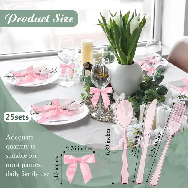 Alt view image 4 of 7 - 25 Sets Pink Plastic Cutlery Set with Twist Tie Bows, Heavy Duty Tableware Disposable Pink Forks Knives and Spoons Silverware Utensils Set for Coquette Birthday Party Table Setting Picnics